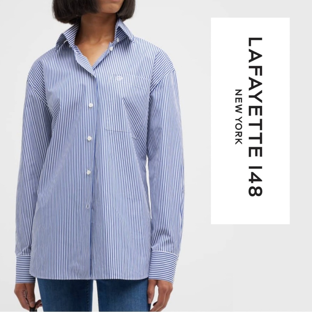 Lafayette 148 - Striped Button Down Long Sleeve Shirt - Blue White - Size M